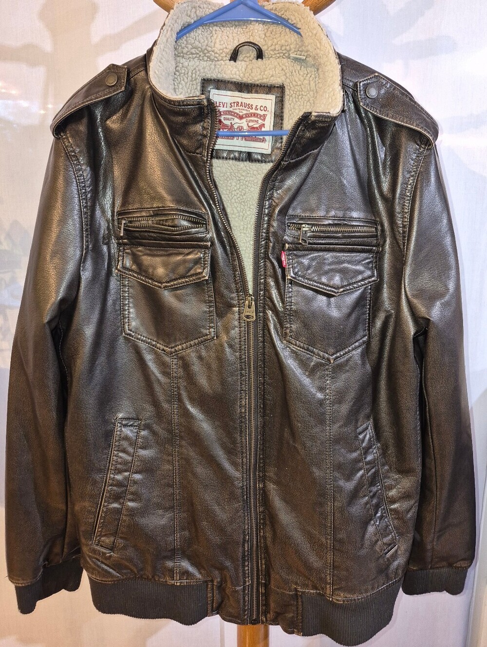 Levi Strauss Mens Brown Faux Leather Sherpa Lined Aviator Bomber Jacket Sz Large
